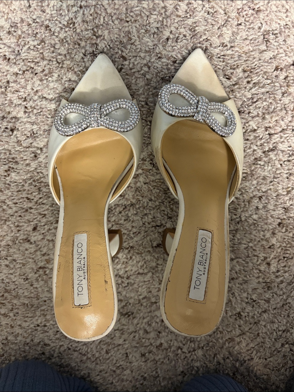 Tony Bianco Ivory Pointed Toe Mules with Crystal Bow